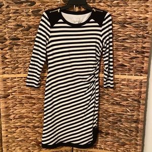 Donna Morgan dress. Size 8. Black and white striped, 3/4 sleeves.